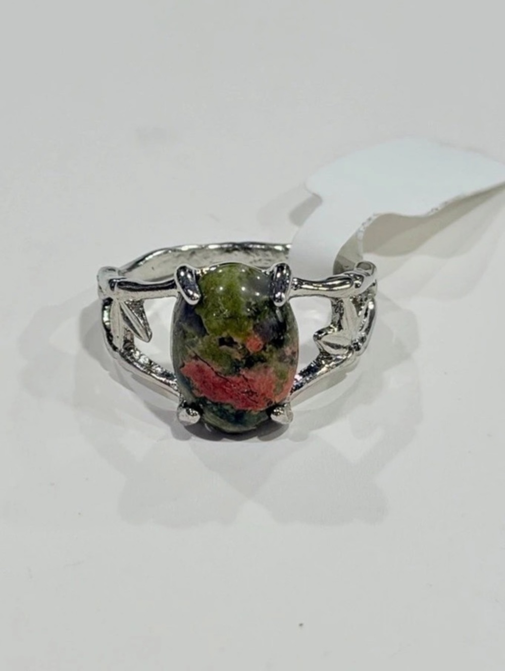 Unakite Green and Pink Crystal Silver-Tone Stone Ring Waist 9